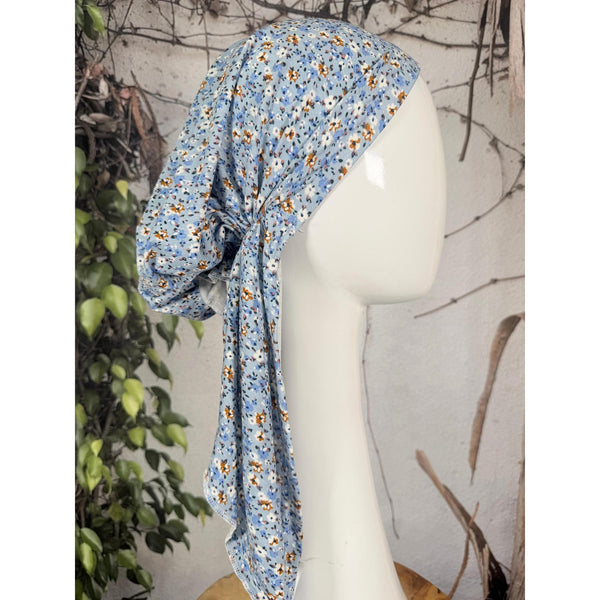 Stretchy Pretied Tichel - Blue Mini Floral-pretieds-The Little Tichel Lady