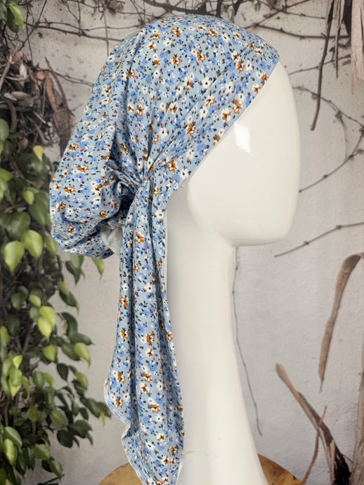 Stretchy Pretied Tichel - Blue Mini Floral-pretieds-The Little Tichel Lady