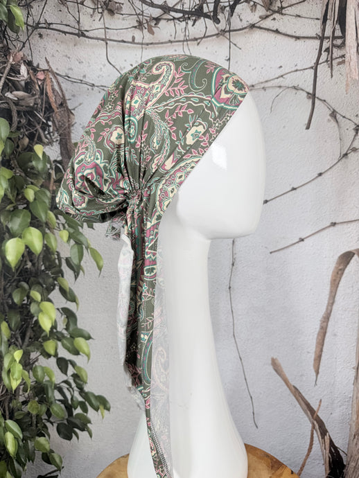 Stretchy Pretied Tichel - Olive Paisley-pretieds-The Little Tichel Lady