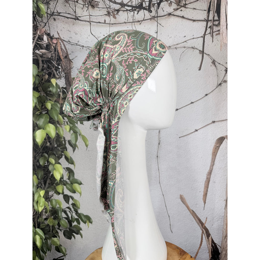 Stretchy Pretied Tichel - Olive Paisley-pretieds-The Little Tichel Lady