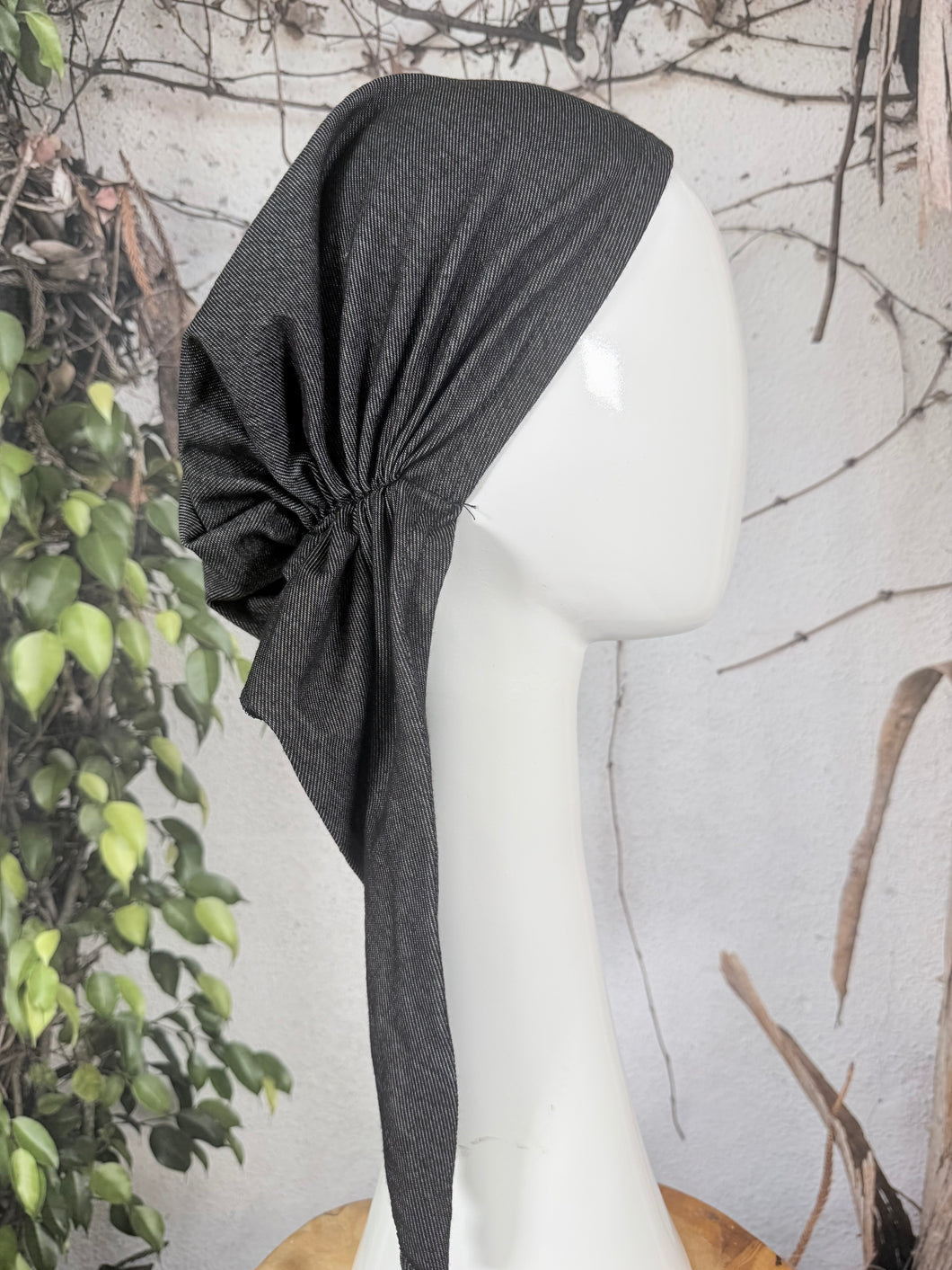 Stretchy Pretied Tichel - Black Faux Denim-pretieds-The Little Tichel Lady