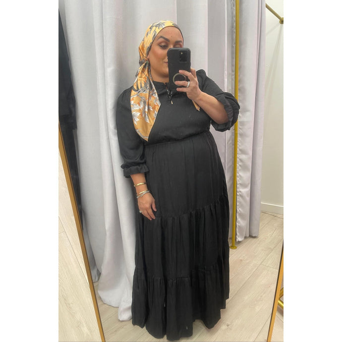 Satin Tiered Maxi Dress - Black XS-3X-dress-The Little Tichel Lady