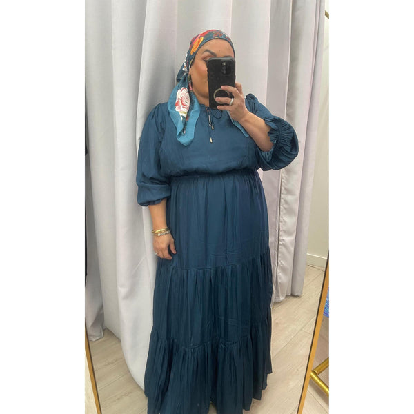 Satin Tiered Maxi Dress - Teal Blue 1X-3X