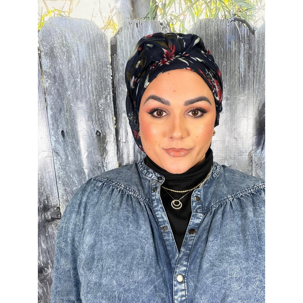Israeli Gauzy Floral Wrap - Navy-Long Wrap-The Little Tichel Lady