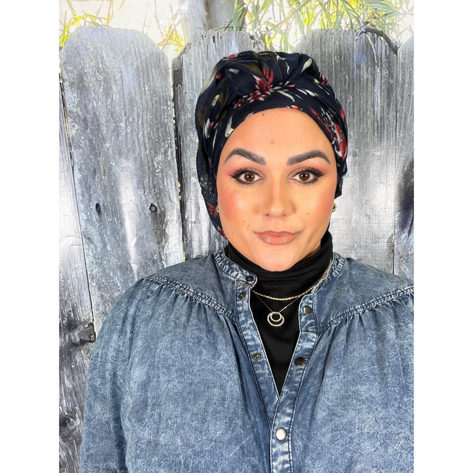 Israeli Gauzy Floral Wrap - Navy-Long Wrap-The Little Tichel Lady
