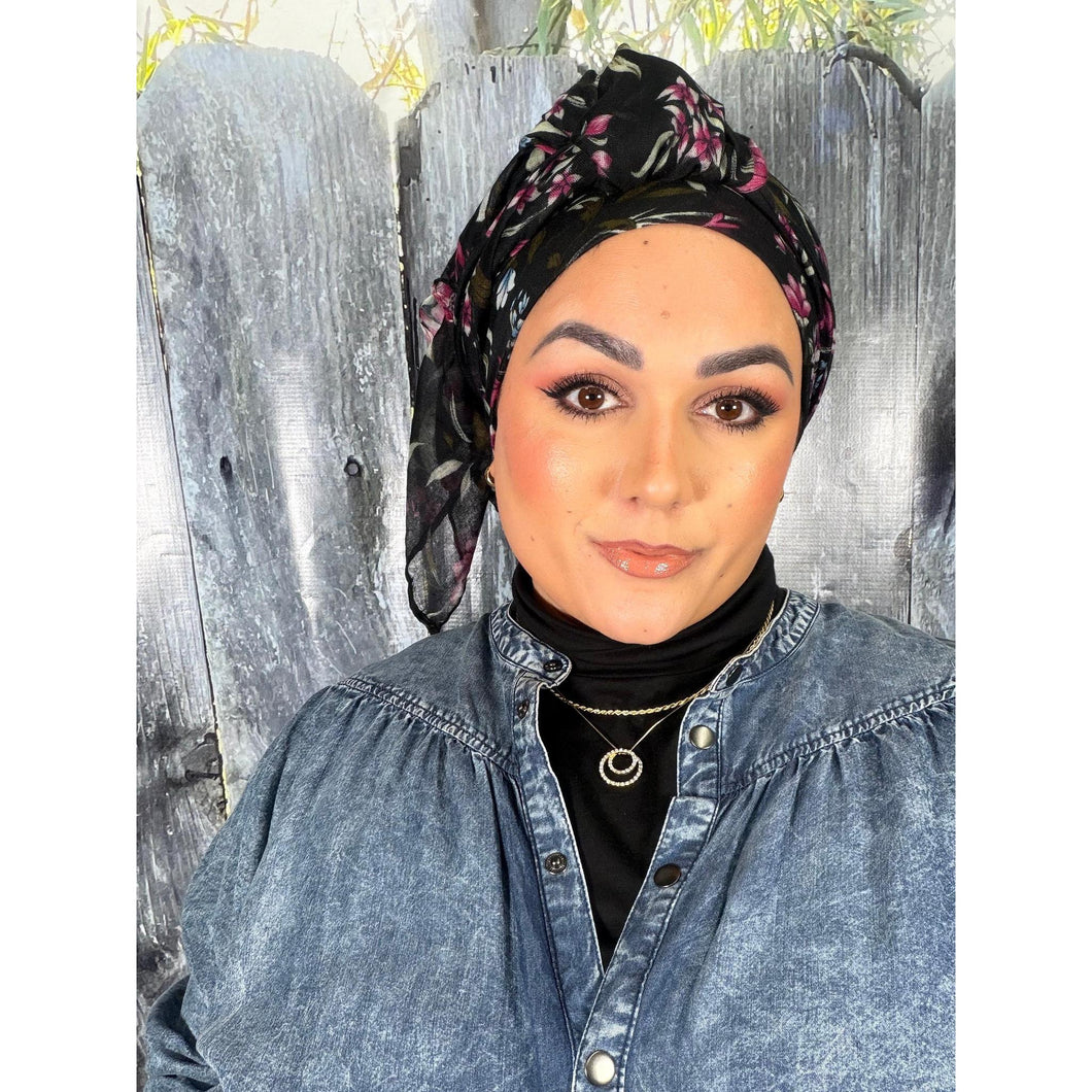 Israeli Gauzy Floral Wrap - Black-Long Wrap-The Little Tichel Lady