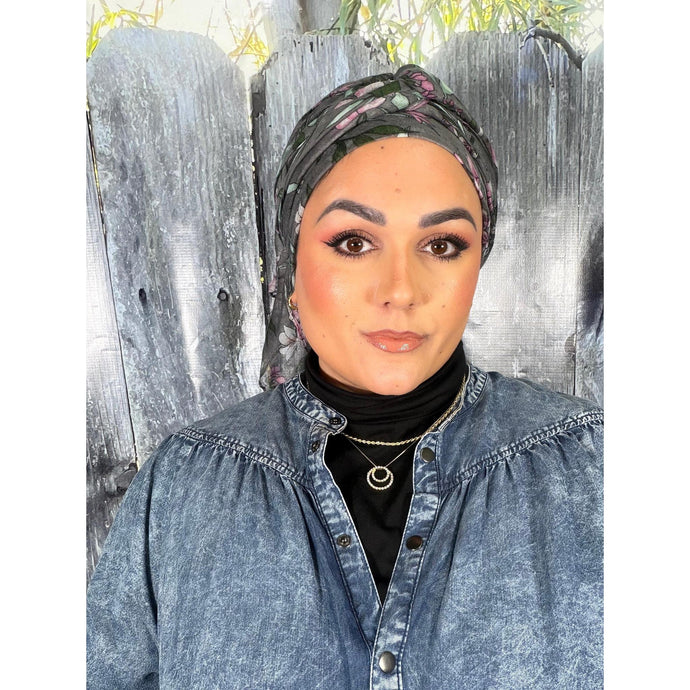 Israeli Gauzy Floral Wrap - Gray-Long Wrap-The Little Tichel Lady