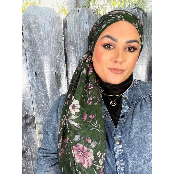 Israeli Gauzy Floral Wrap - Green-Long Wrap-The Little Tichel Lady