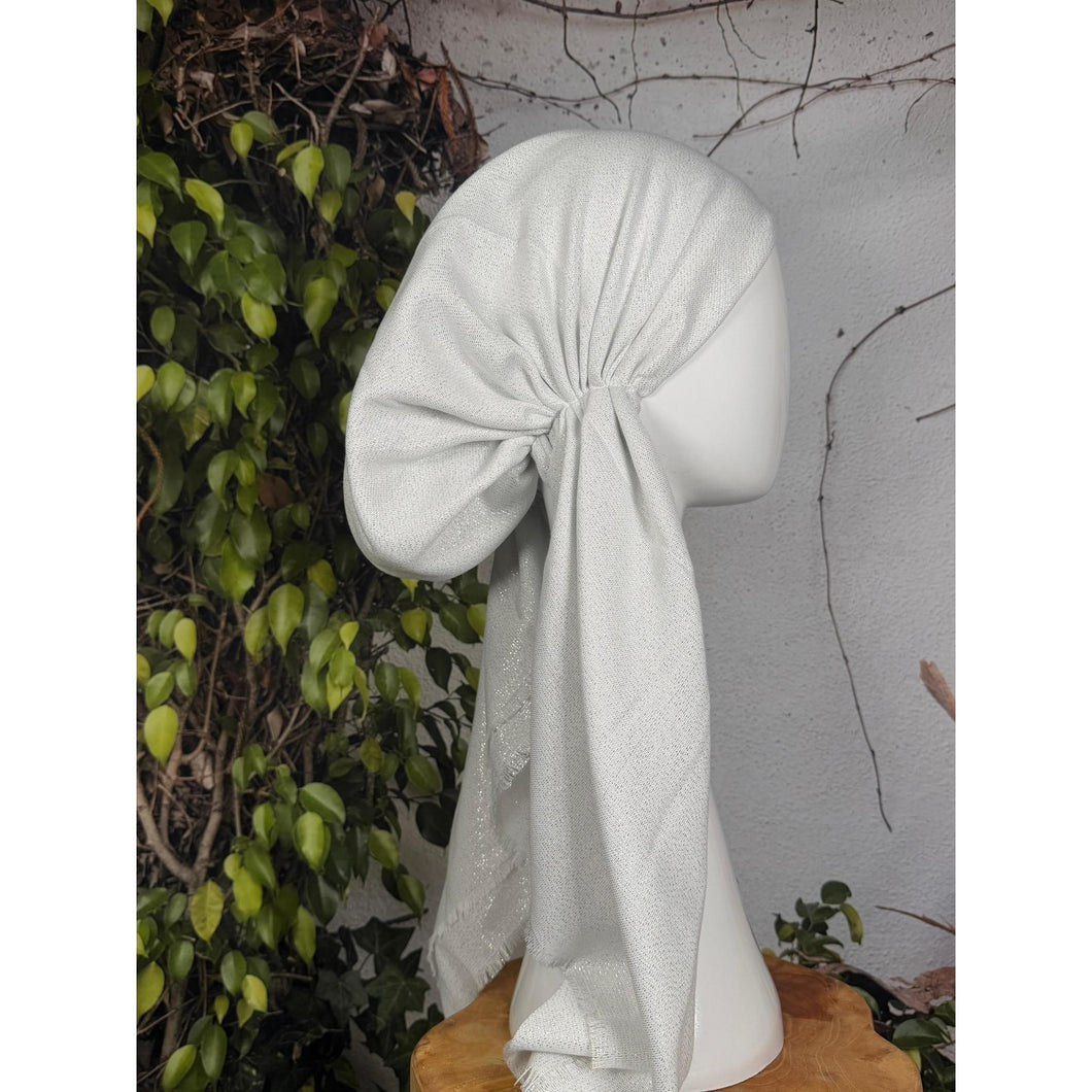 Turkish Cotton NON-SLIP Metallic Pretied w/ Long Tails - White-pretieds-The Little Tichel Lady