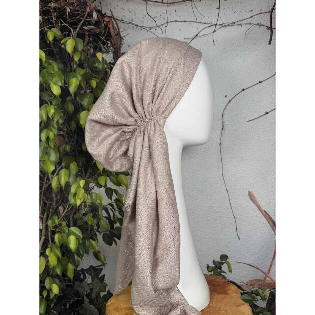 Turkish Cotton NON-SLIP Metallic Pretied w/ Long Tails - Pale Taupe-pretieds-The Little Tichel Lady