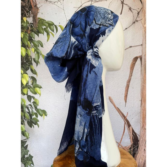 Turkish Cotton Textured NON-SLIP Print Pretied w/ Long Tails - Navy/Blue-pretieds-The Little Tichel Lady