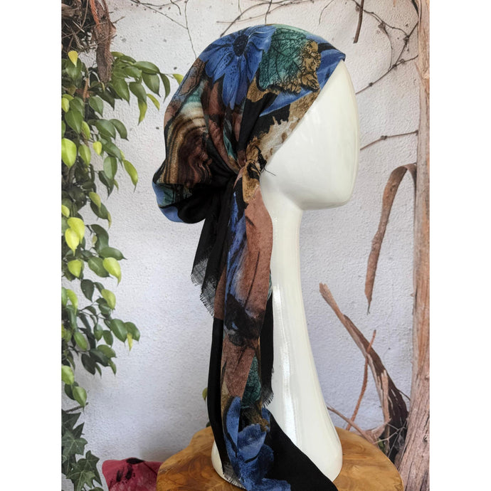 Turkish Cotton Textured NON-SLIP Print Pretied w/ Long Tails - Black/Blue-pretieds-The Little Tichel Lady