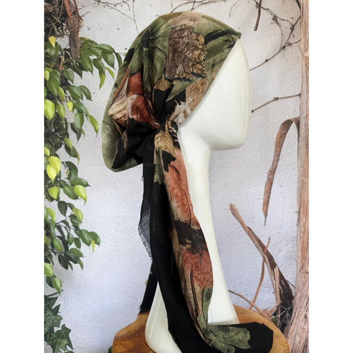 Turkish Cotton Textured NON-SLIP Print Pretied w/ Long Tails - Black/Olive-pretieds-The Little Tichel Lady