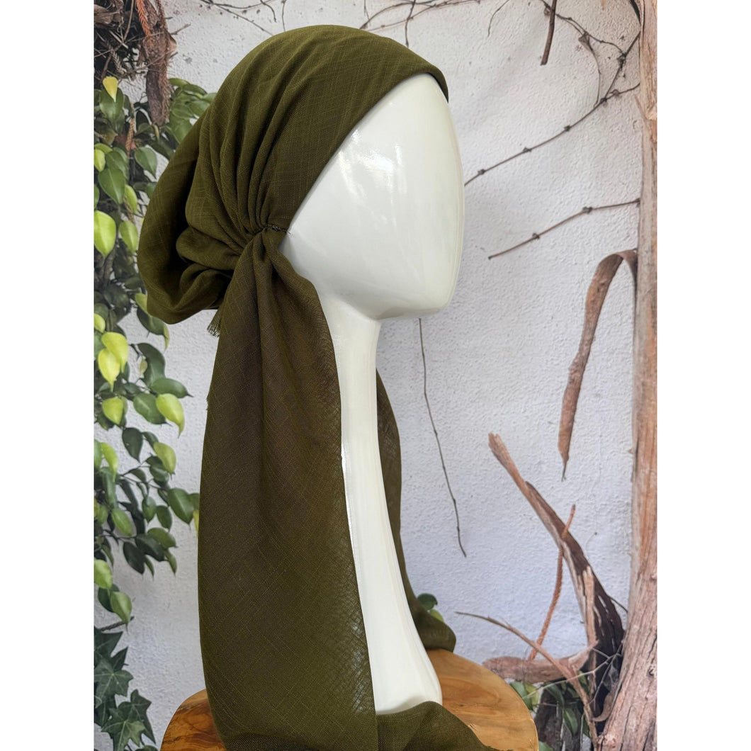 Turkish Cotton Textured NON-SLIP Pretied w/ Long Tails - Olive-pretieds-The Little Tichel Lady
