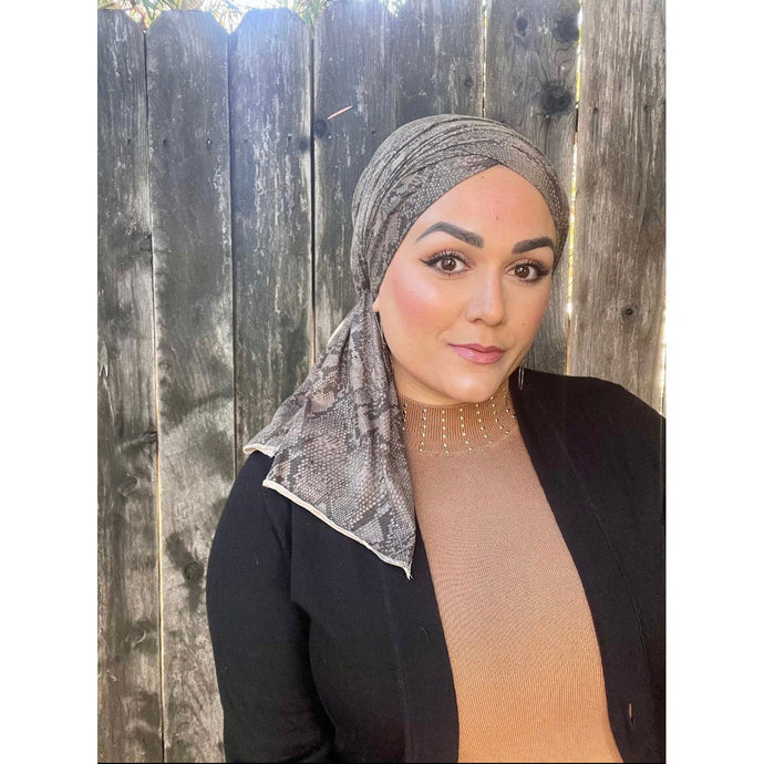 Faux Suede Stretchy Head Wrap - Neutral Print-Long Wrap-The Little Tichel Lady