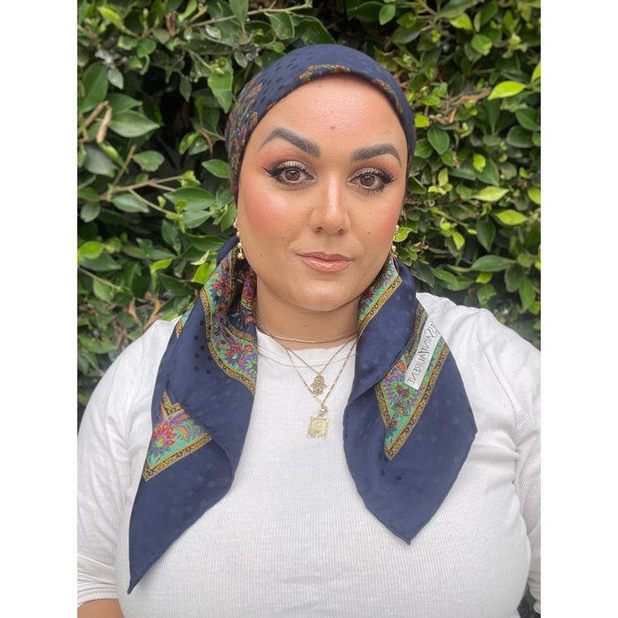 YSL Authentic Vintage Designer Headscarf, Navy Paisley-Designer headscarf-The Little Tichel Lady
