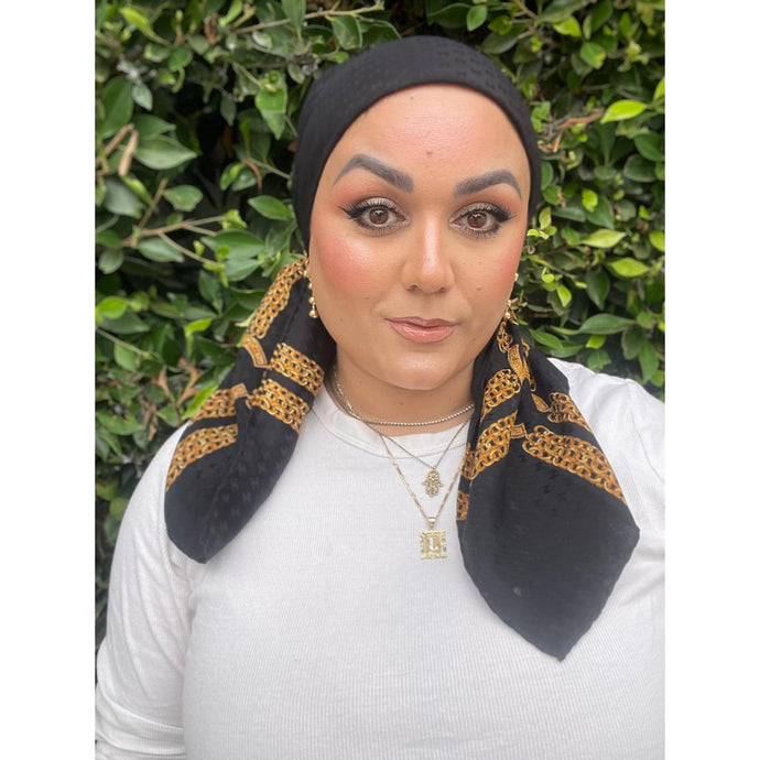 Chanel Authentic Vintage Designer Headscarf, Black & Gold Chain Link-Designer headscarf-The Little Tichel Lady