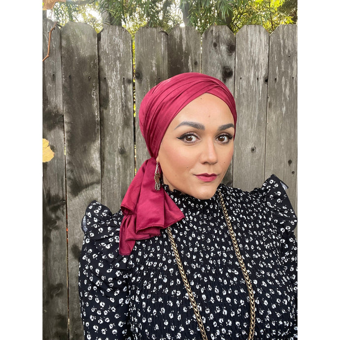 Faux Suede Stretchy Head Wrap - Carmine-Long Wrap-The Little Tichel Lady