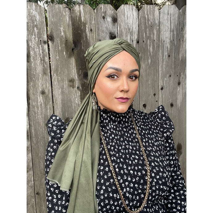 Faux Suede Stretchy Head Wrap - Olive-Long Wrap-The Little Tichel Lady