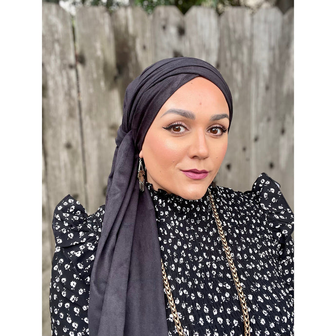 Faux Suede Stretchy Head Wrap - Black-Long Wrap-The Little Tichel Lady