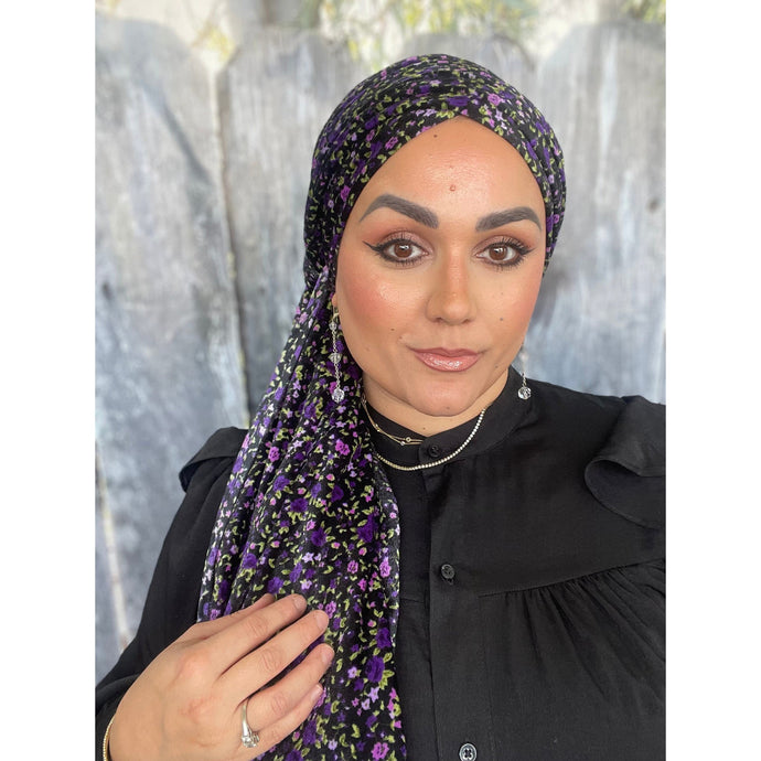 Luxe Velvet Floral Print Headwrap-Long Wrap-The Little Tichel Lady