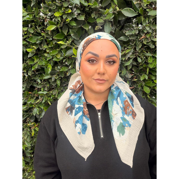 Spiced Petals Waffle Print Square Tichel - Blue/Neutral-Squares-The Little Tichel Lady