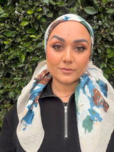 Spiced Petals Waffle Print Square Tichel - Blue/Neutral-Squares-The Little Tichel Lady