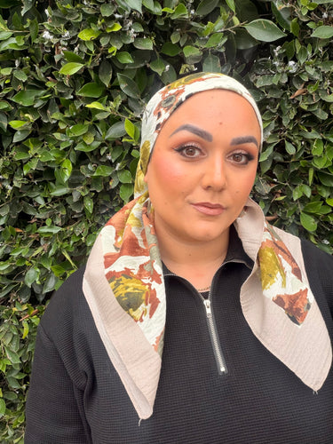 Spiced Petals Waffle Print Square Tichel - Olive/Neutral