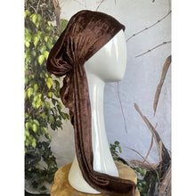 Crushed Velvet Stretchy Pretied, Chocolate Brown, w/ Long Tails + Velvet Band/Adjustable-Pretieds-The Little Tichel Lady