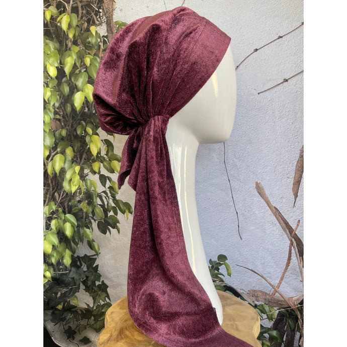 Crushed Velvet Stretchy Pretied w/ Long Tails + Velvet Band/Adjustable, Merlot