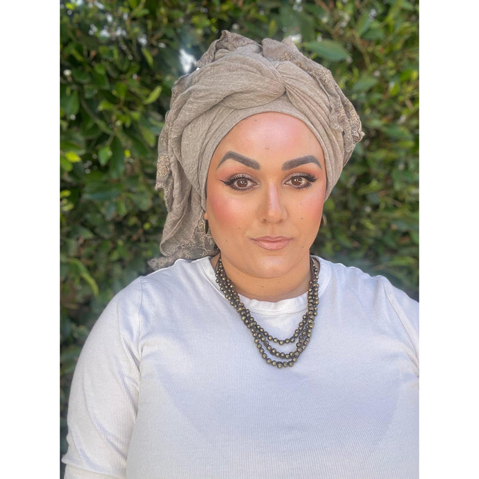 Israeli Arabesque Wrap - Taupe-Long Wrap-The Little Tichel Lady