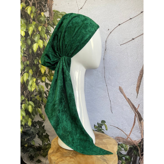 Crushed Velvet Stretchy Pretied w/ Long Tails + Velvet Band/Adjustable, Emerald