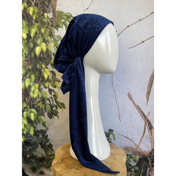 Crushed Velvet Stretchy Pretied, Navy, w/ Long Tails + Velvet Band/Adjustable-Pretieds-The Little Tichel Lady