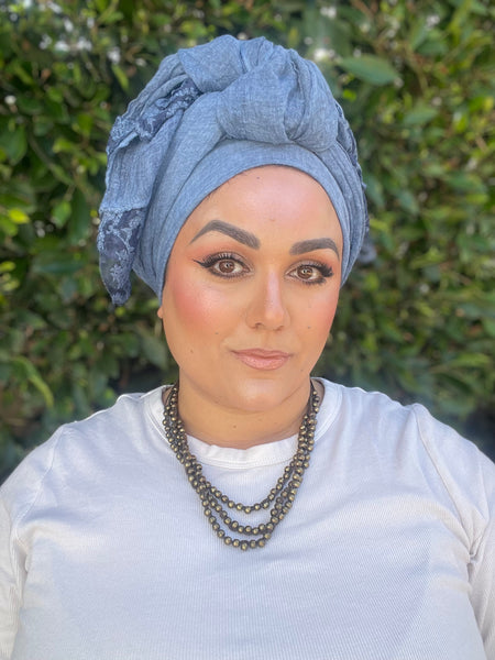 Israeli Arabesque Wrap - Blue-Long Wrap-The Little Tichel Lady