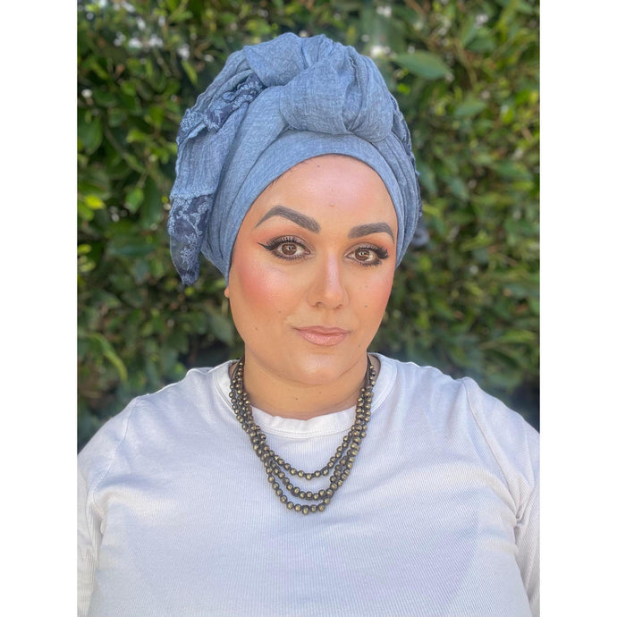 Israeli Arabesque Wrap - Blue-Long Wrap-The Little Tichel Lady