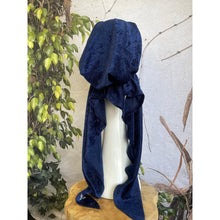 Crushed Velvet Stretchy Pretied, Navy, w/ Long Tails + Velvet Band/Adjustable-Pretieds-The Little Tichel Lady