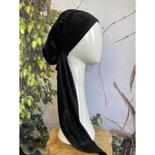 Crushed Velvet Stretchy Pretied, Black, w/ Long Tails + Velvet Band/Adjustable-Pretieds-The Little Tichel Lady