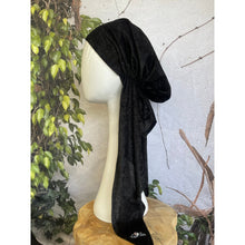 Crushed Velvet Stretchy Pretied, Black, w/ Long Tails + Velvet Band/Adjustable-Pretieds-The Little Tichel Lady