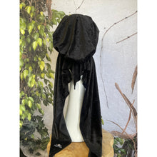 Crushed Velvet Stretchy Pretied, Black, w/ Long Tails + Velvet Band/Adjustable-Pretieds-The Little Tichel Lady