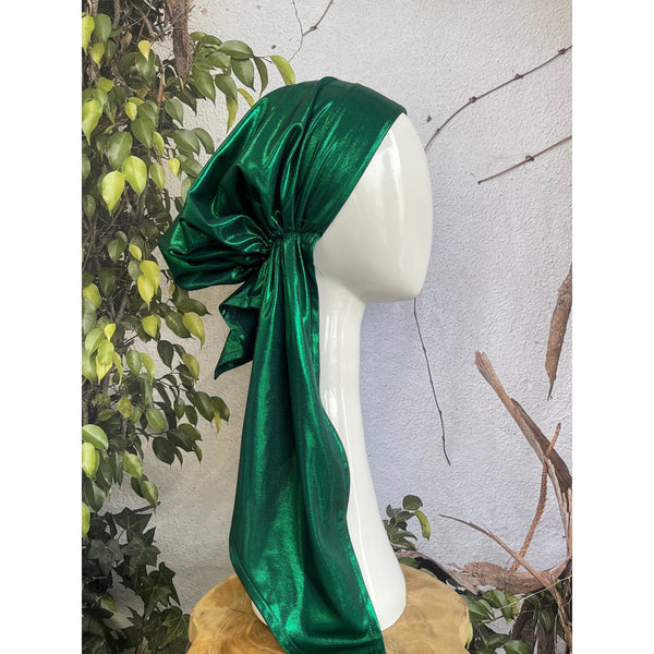Metallic Stretchy Pretied, Green, w/ Long Tails + Velvet Band/Adjustable-Pretieds-The Little Tichel Lady