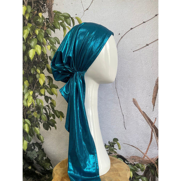 Metallic Stretchy Pretied, Teal Blue, w/ Long Tails + Velvet Band/Adjustable-Pretieds-The Little Tichel Lady