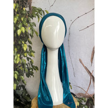 Metallic Stretchy Pretied, Teal Blue, w/ Long Tails + Velvet Band/Adjustable-Pretieds-The Little Tichel Lady