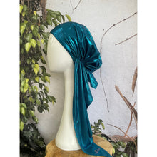 Metallic Stretchy Pretied, Teal Blue, w/ Long Tails + Velvet Band/Adjustable-Pretieds-The Little Tichel Lady