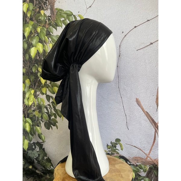 Metallic Stretchy Pretied, Black, w/ Long Tails + Velvet Band/Adjustable-Pretieds-The Little Tichel Lady