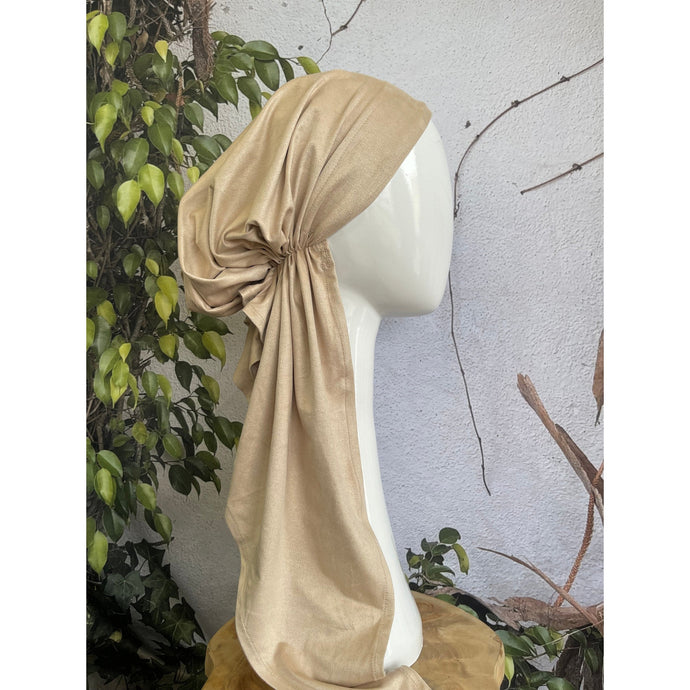 Faux Suede Stretchy Pretied w/ Long Tails + Velvet Band/Adjustable, Linen