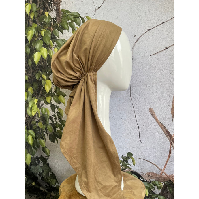 Faux Suede Stretchy Pretied w/ Long Tails + Velvet Band/Adjustable, Sand