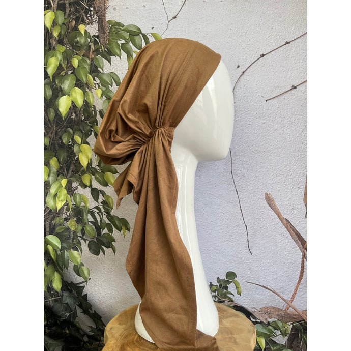 Faux Suede Stretchy Pretied w/ Long Tails + Velvet Band/Adjustable, Caramel