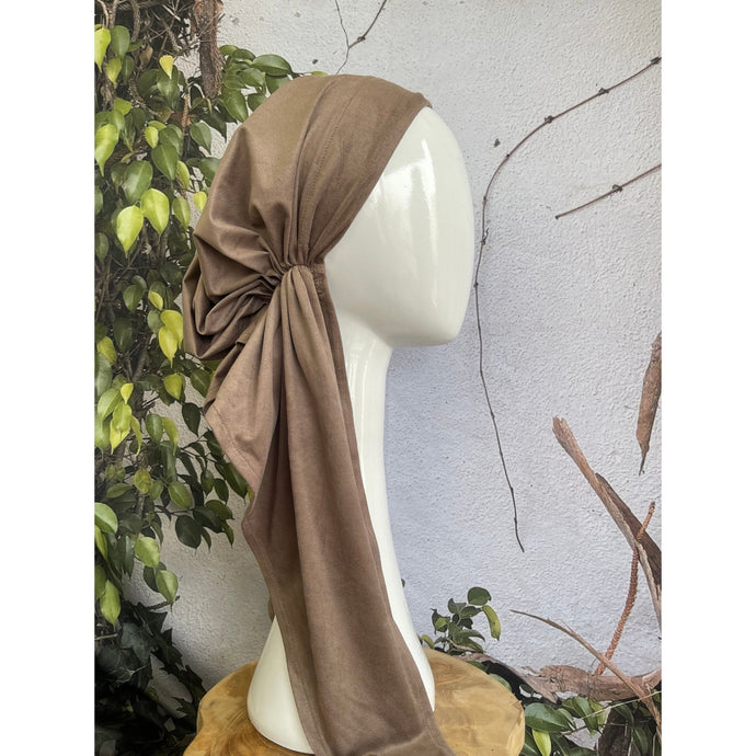 Faux Suede Stretchy Pretied, Fawn, w/ Long Tails + Velvet Band/Adjustable-Pretieds-The Little Tichel Lady