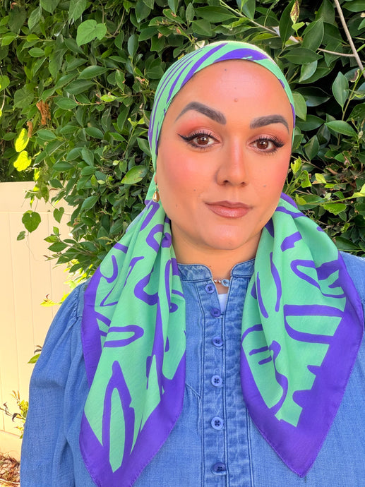 Floral Muse Print Square Tichel - Green/Purple-square-The Little Tichel Lady