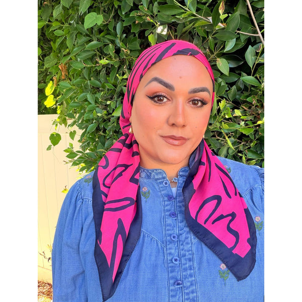 Floral Muse Print Square Tichel - Pink/Navy-square-The Little Tichel Lady